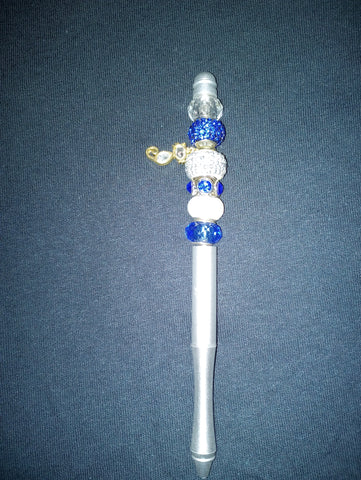 SORORITY ROYAL & WHITE BEADED PEN WITH CAT CHARM & INK REFILL