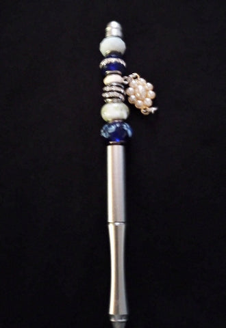 SORORITY ROYAL & WHITE BEADED PEN WITH PEARL CHARM & INK REFILL